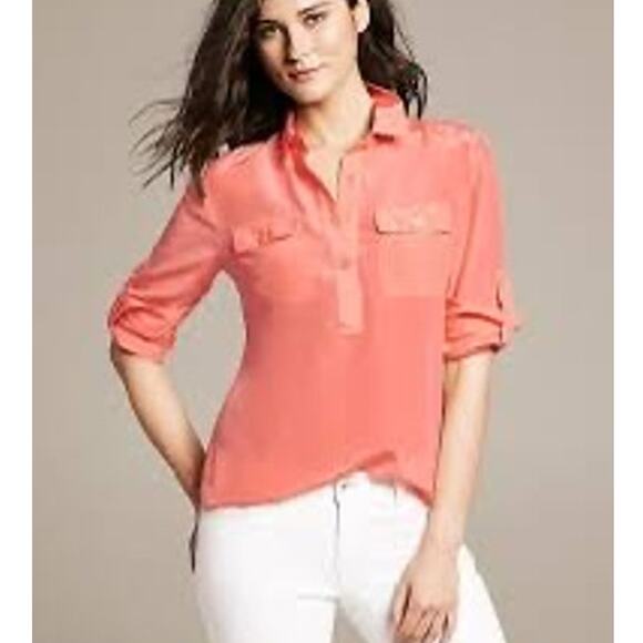 Banana Republic Silk XL 100% Silk Utility Shirt Coral Popover Roll Tab Sleeves - Picture 1 of 6